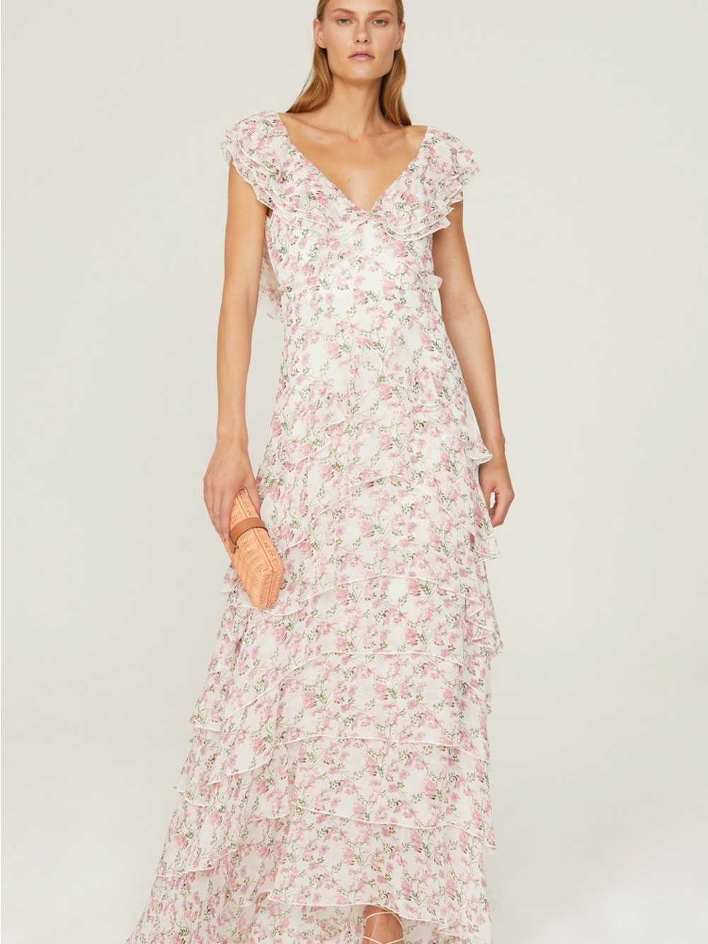 Pink Floral Ruffle V-Neck Maxi Dress